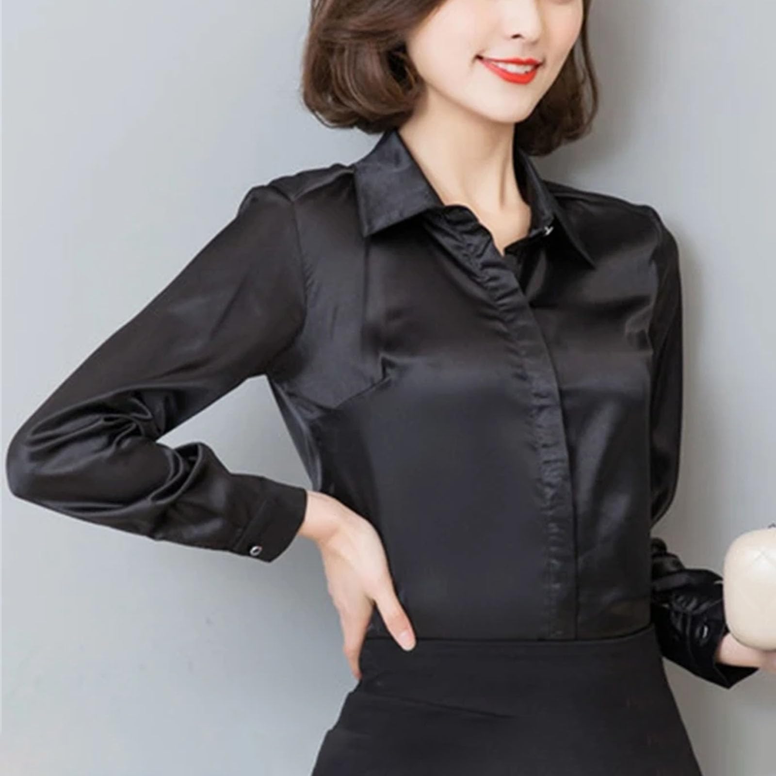 Camisa de seda satinada para mujer, de manga larga, elegante, para el trabajo, color blanco, azul y negro