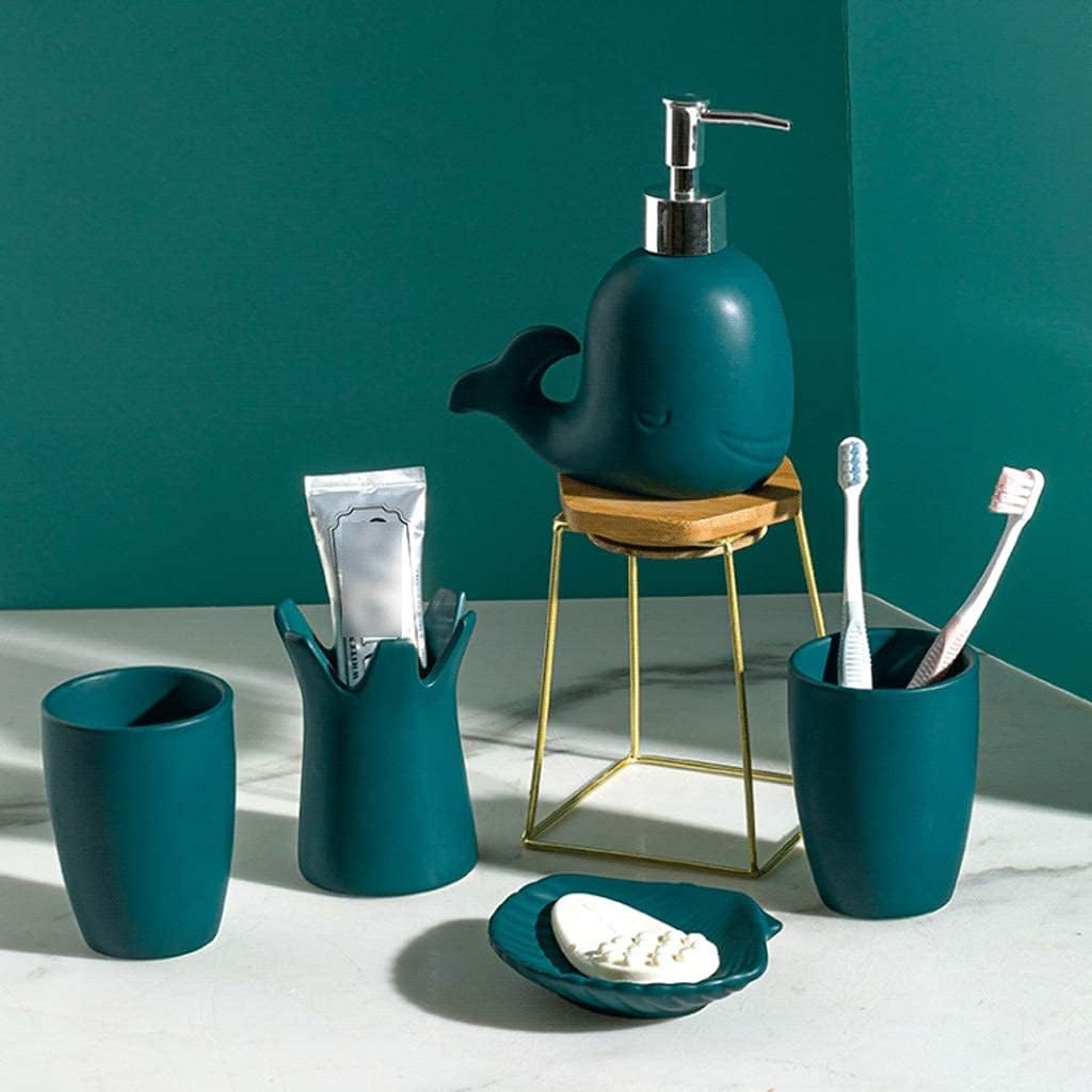Soap Dispenser Decoration Bath Accessory Set 5 Piece Ceramic Bath Accessory Set Includes Liquid Soap or Lotion Dispenser Kids Whale Bathroom Design Blue (Color: Navy Blue A) Soap Dispenser
