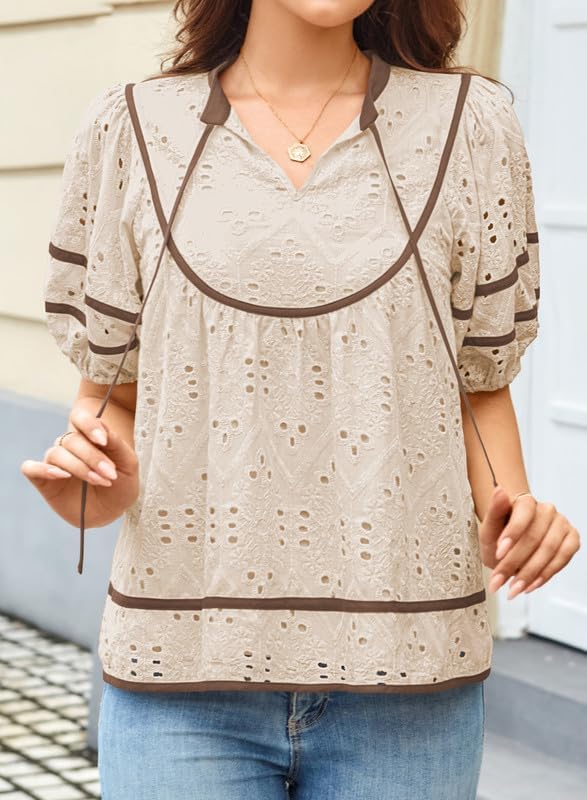 Women Blouses V Neck Puff Short Sleeve Womens Summer Tops Eyelet Embroidered Clothes Trendy Causal Babydoll Shirts - Image 6