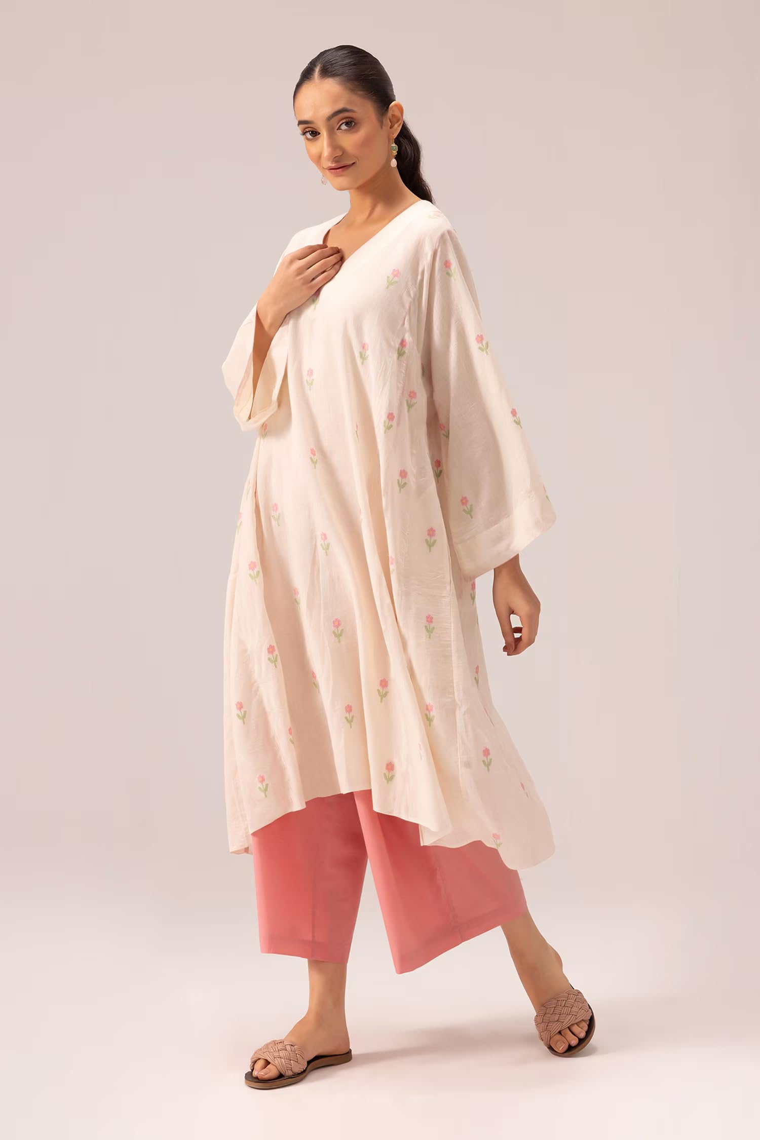 ANNI DESIGNER Kurta trapèze imprimé en viscose avec palazzo pour femme | Vert viscose | Manches longues | Col en V | Vêtements ethniques décontractés
