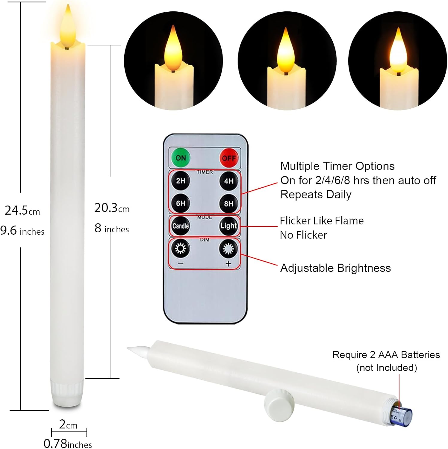 Homemory 6 Pcs Wax Flameless Taper Candles with Remote Timer and Dimmer, White Candle Sticks Battery Operated, LED Window Candles with Flickering Light, 9.6 Inches for Wedding Home Indoor Decoration - Image 6