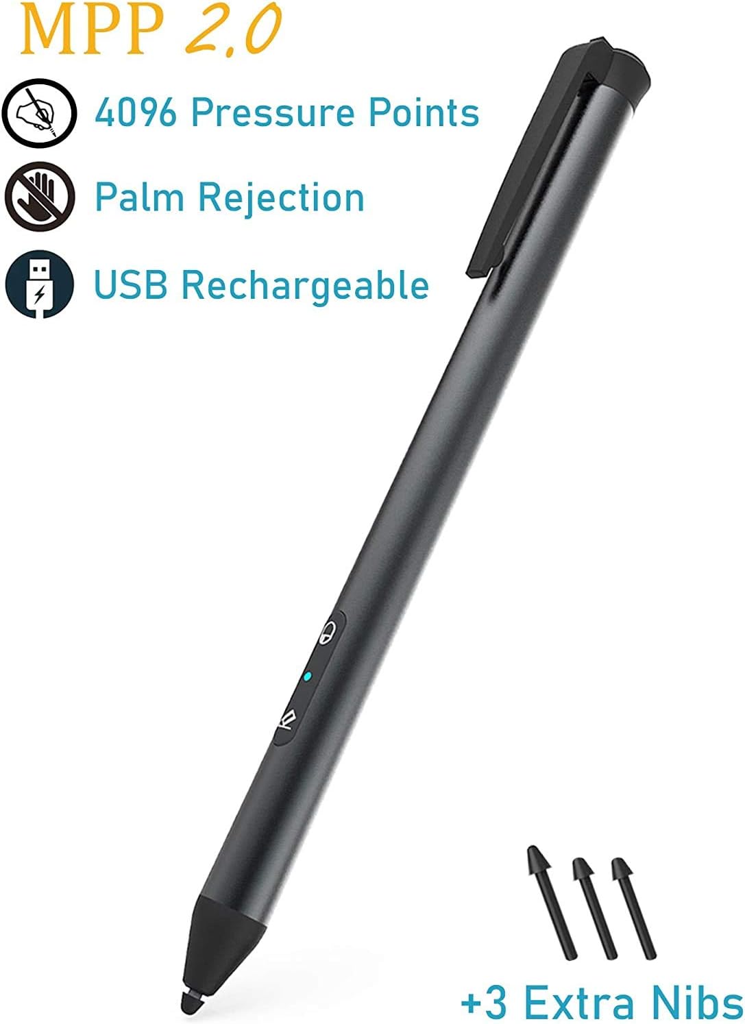 Digital Pen 4096 Pressure Levels, Microsoft Certified, Compatible with Surface Books, Pro 1 & 2, Go 1 & 2, Studio, Laptop, HP, Dell, Asus Series, Rechargeable & Palm Rejection MPP 2.0, 3 Extra Tips