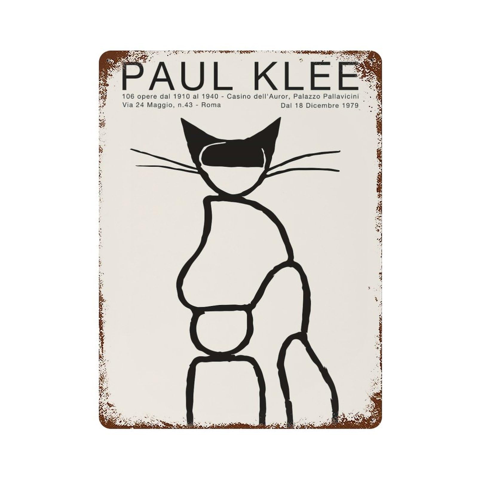 Rust Effect Paul Klee Line Art Cat Aged Metal Wall Plaque 15.7"x11.8", Classic Wall Plaque for Basement, Hobby Room And Garage Decor