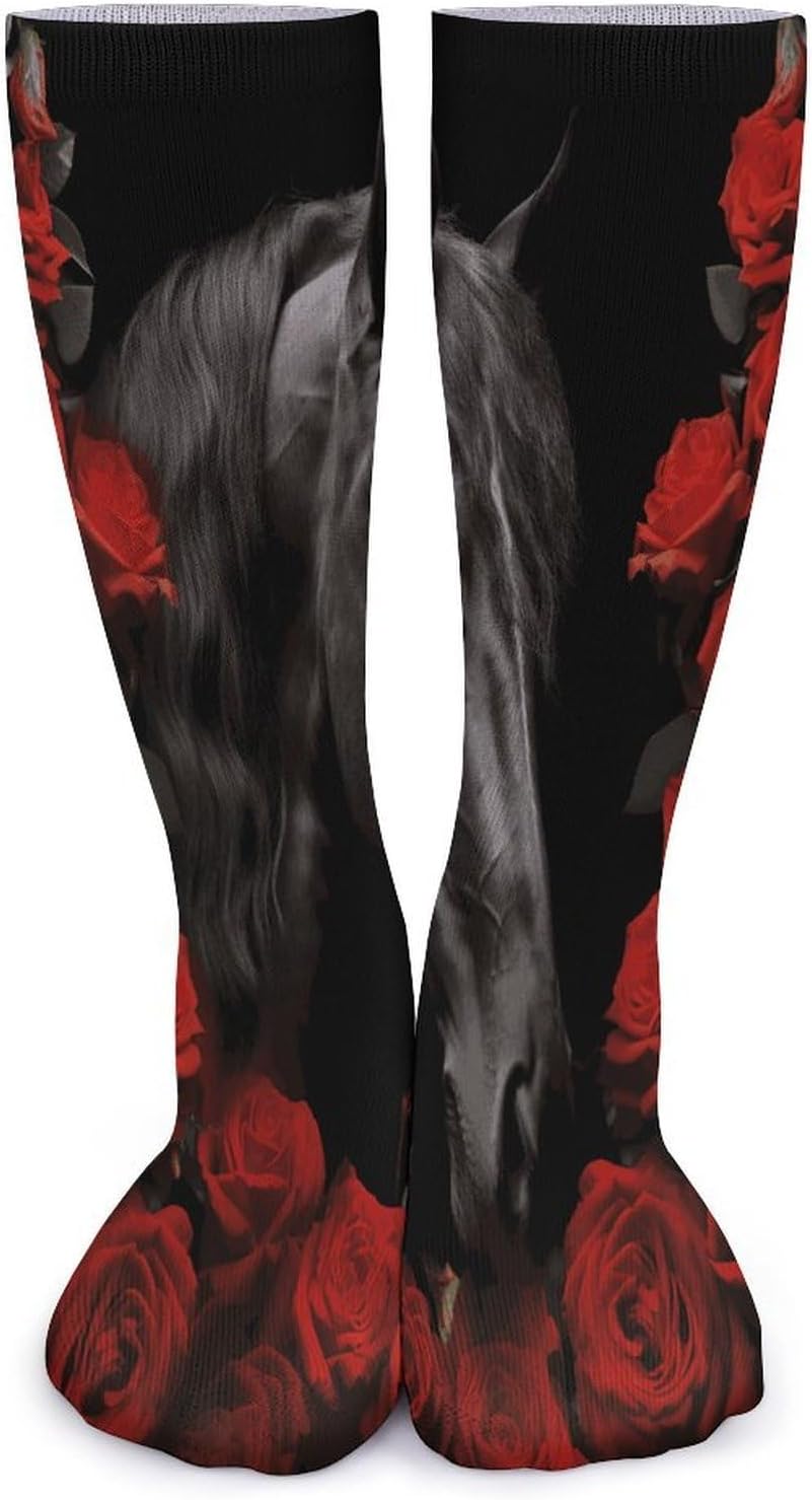 Black Horse on A Background of Red Roses Crew Socks Soft Thermal Socks | Socks for Men Women-Casual Wicking,High Stocking for Sports Running-Long Thin Tube Sports Breathable