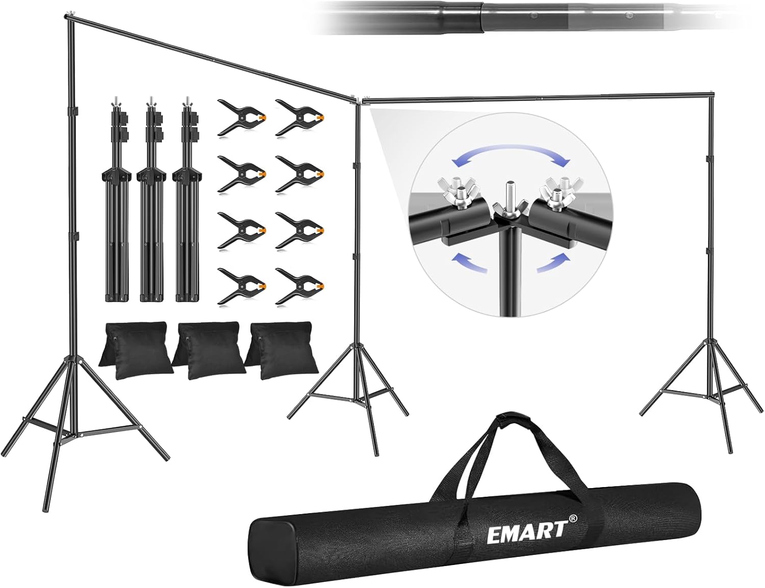 EMART Backdrop Stand, 20x7ft(WxH) Large Adjustable Background Support System with 308° Angle Rotatable Connector, 8 Clamps, 3 Sandbags and Carry Bag for Parties, Wedding, Photography Studio 20x7ft Black