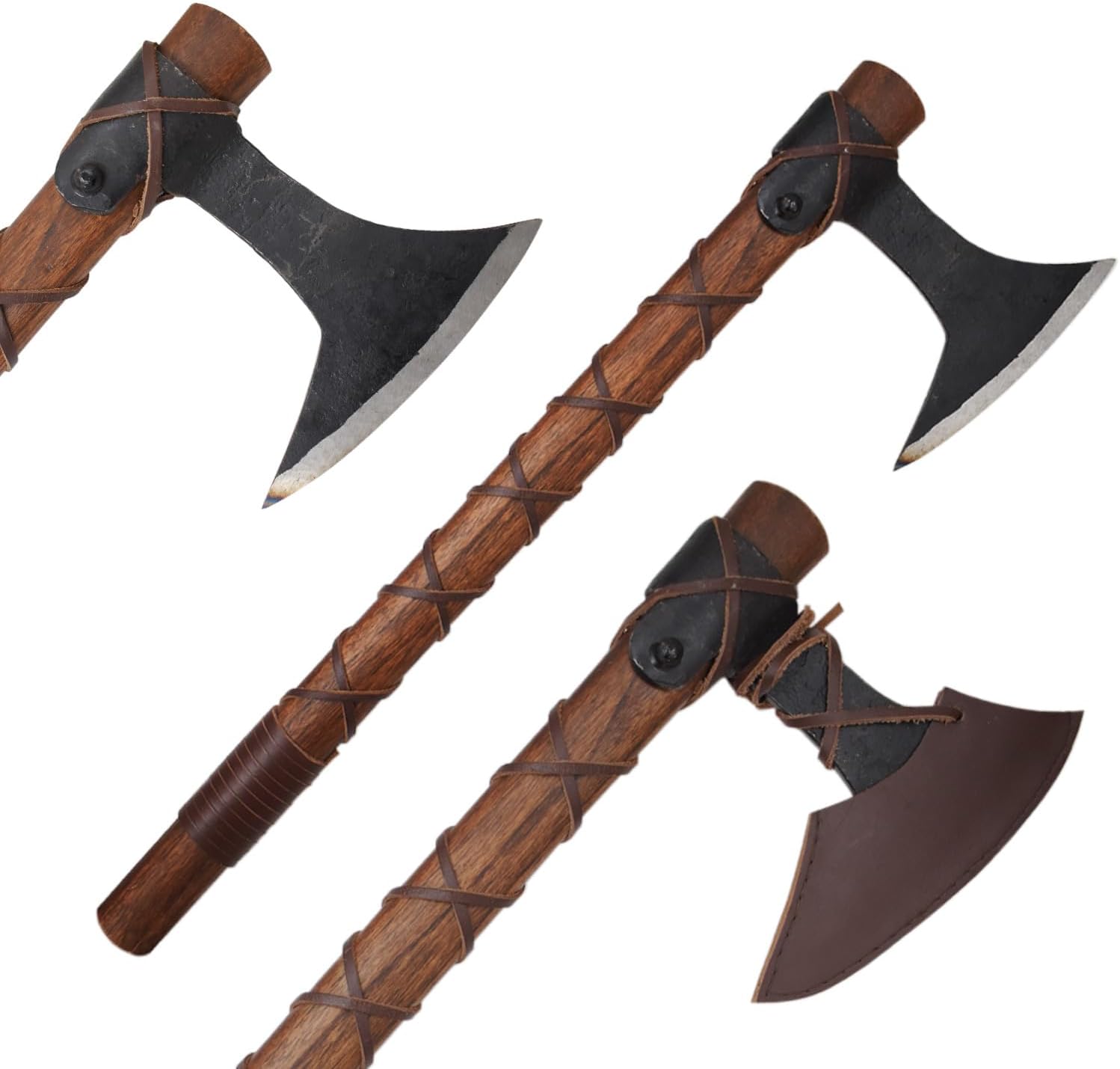 Medieval Warrior Traditional Viking Hand-Axe — Hand-Forged Style Bearded Blade with Leather Cross-Strap Grip