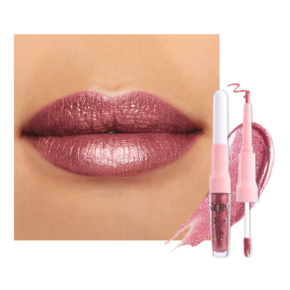Kaely 2-in-1 Mauve Metallic Lipstick and Lip Liner Makeup Shimmer Liquid Metallic Lipsticks for Women Glitter Lip Gloss