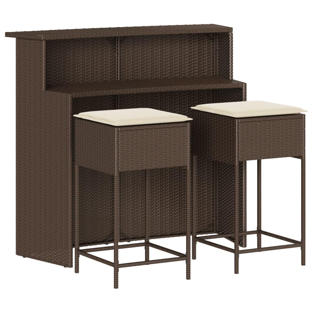 Set Bar da Giardino 3 pz con Cuscini in Polyrattan Marrone, Tavolo con Sedie, Tavolo Giardino con Sedie, Bancone Bar da Casa, Tavolo Bar con Sgabelli