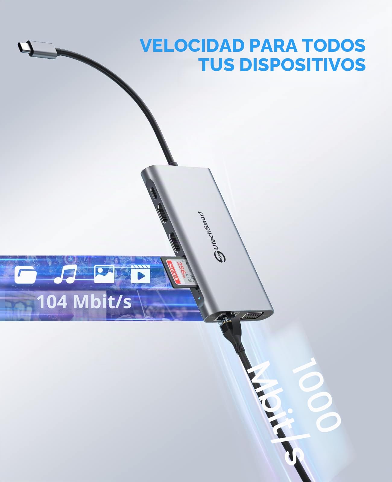 UtechSmart Hub USB C 11 en 1 Docking Station con HDMI 4K Dual y VGA | Hub USB C 11 en 1 triple pantalla: 2 HDMI 4K, VGA, PD 100W, lector SD TF y 4 USB; compatible con MacBook y dispositivos USB C