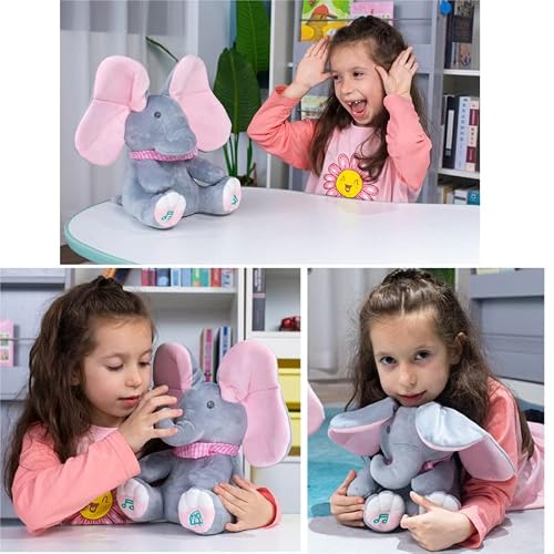 OMGOD Peek a Boo Elephant Stuffed Animals, Plush Toy for Baby Girls Hide-and-Seek Game Toy Singing Interactive Musical Toys, Great Gift for 6 Month 1+ Year Girls Moving Ears Bear Doll-12 - Thumbnail 5