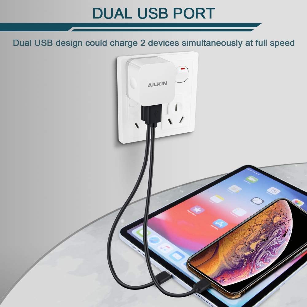 AILKIN - Cargador de pared USB de 2 puertos USB de 2,4 A para iPhone XR XS MAX X/8/7, iPad, Samsung, LG, Pixel | Power Cube - Base de carga rápida para iPhone 17 Air 16e 16 15 14 13 12 Pro Max SE 11 Samsung, bloque de carga de teléfonos