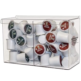 Bulk Dispenser - Double - Mini Holds Small Items in Bulk Two compartments Top Loading and Dispensing Pivot hinged lid Keyholes for Wall mounting Clear PETG Plastic Dims 5.22L x 12.3W x 8H