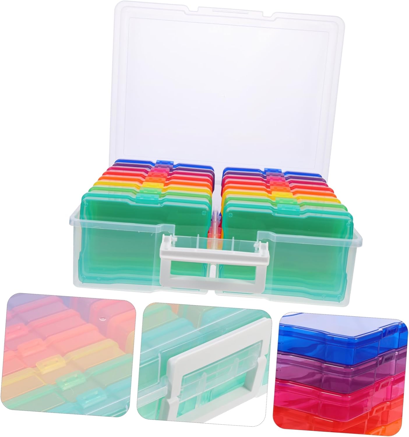 16-Compartment 4x6 Photo Storage Box Multi-functional Organizer Handle for Photos Greeting Cards and Jewelry Colorful Plastic Case for Convenient Transport and Organization