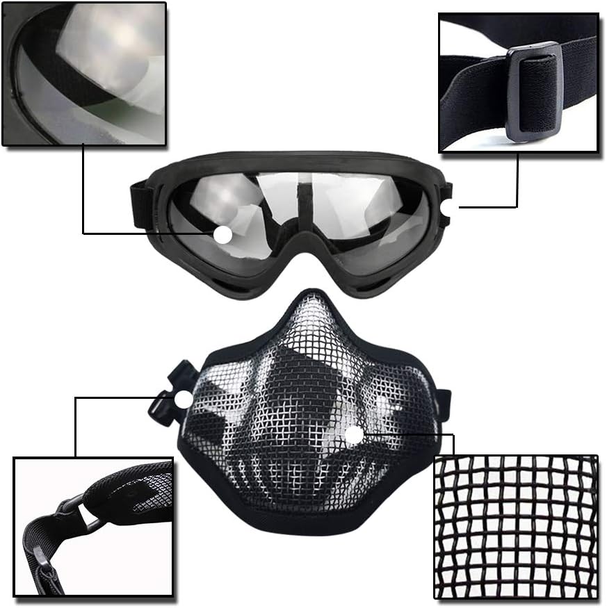 PuddingStation Airsoft Mask and Goggles, AdjustableSteel Mesh Mask Half Face Protection Face Skull Set, Outdoor Glasses Goggles for Paintball Shooting Cosplay War Game : Sports & Outdoors