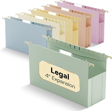 Legal Size Hanging File Folders,6 Pack Heavy Duty 4" Expanding Pocket,Reinforced High Capacity Legal Plastic Hanging Folders,Sturdy Hang Folders with Tabs,Designed for Bulky Files,Pastel Color