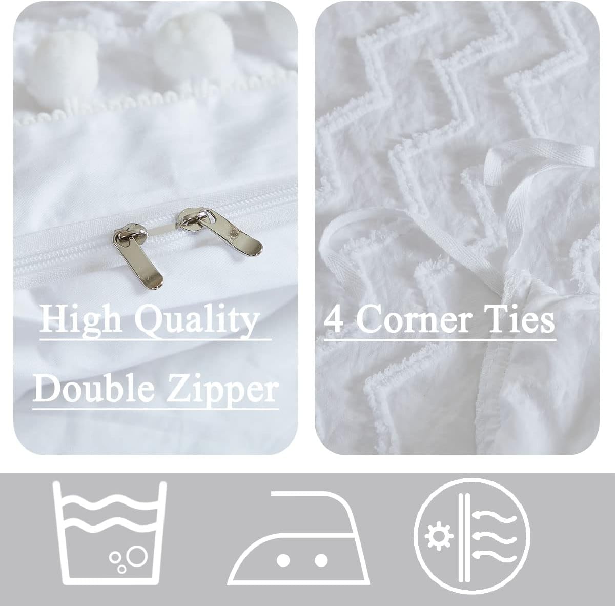 FADFAY Boho White Pom Pom Duvet Cover Set – Queen Size 3-Piece 100% Cotton Bedding, Soft Tufted Farmhouse Style with Zipper, Cozy & Reversible for All Seasons