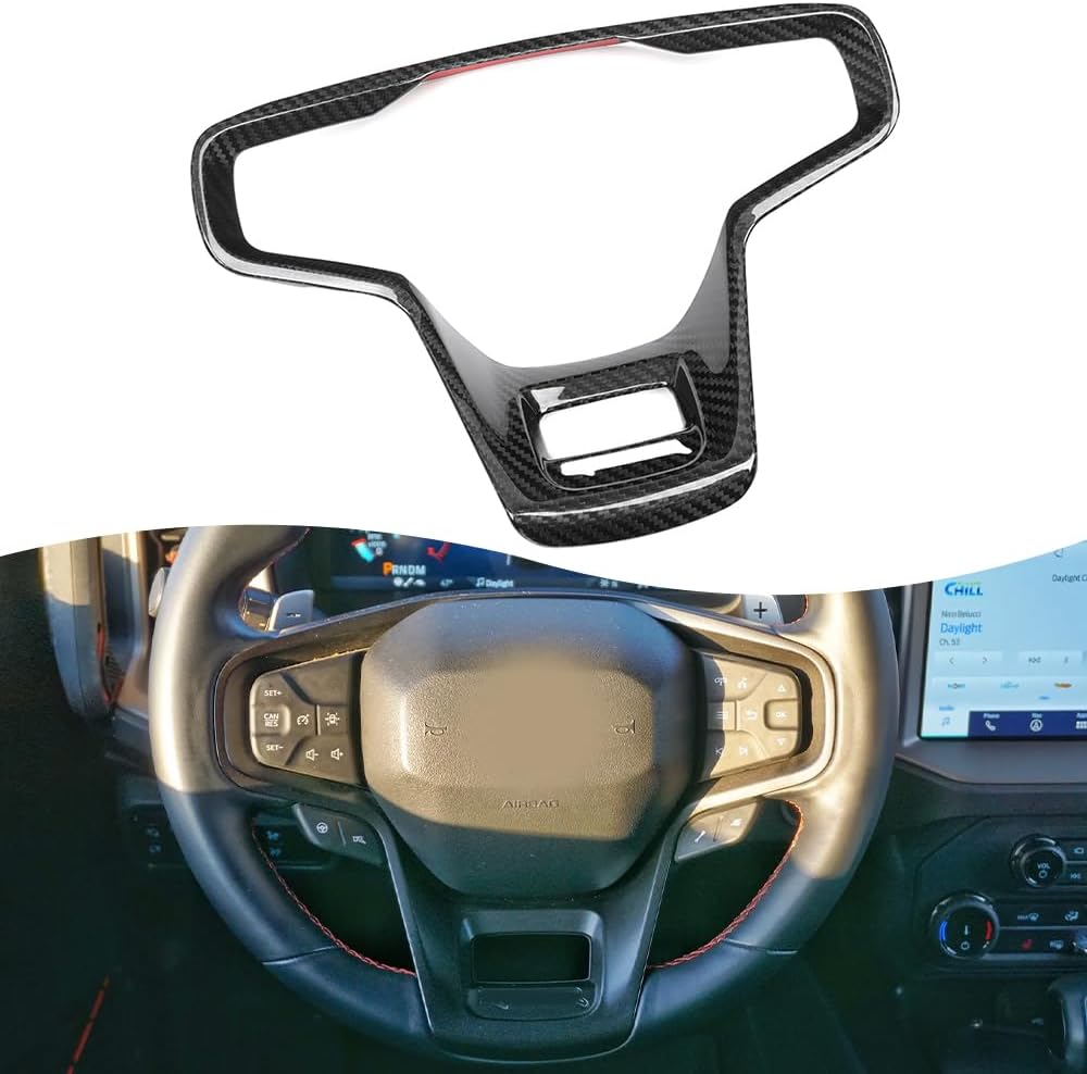Jogon Dry Carbon Fiber Steering Wheel Frame Trim for Ford Bronco Off-Road Outer Banks Pickup Truck 2021 2022 2023 2024, Interior Decor, Steering Wheel Cover Moulding Sticker (Glossy CF)