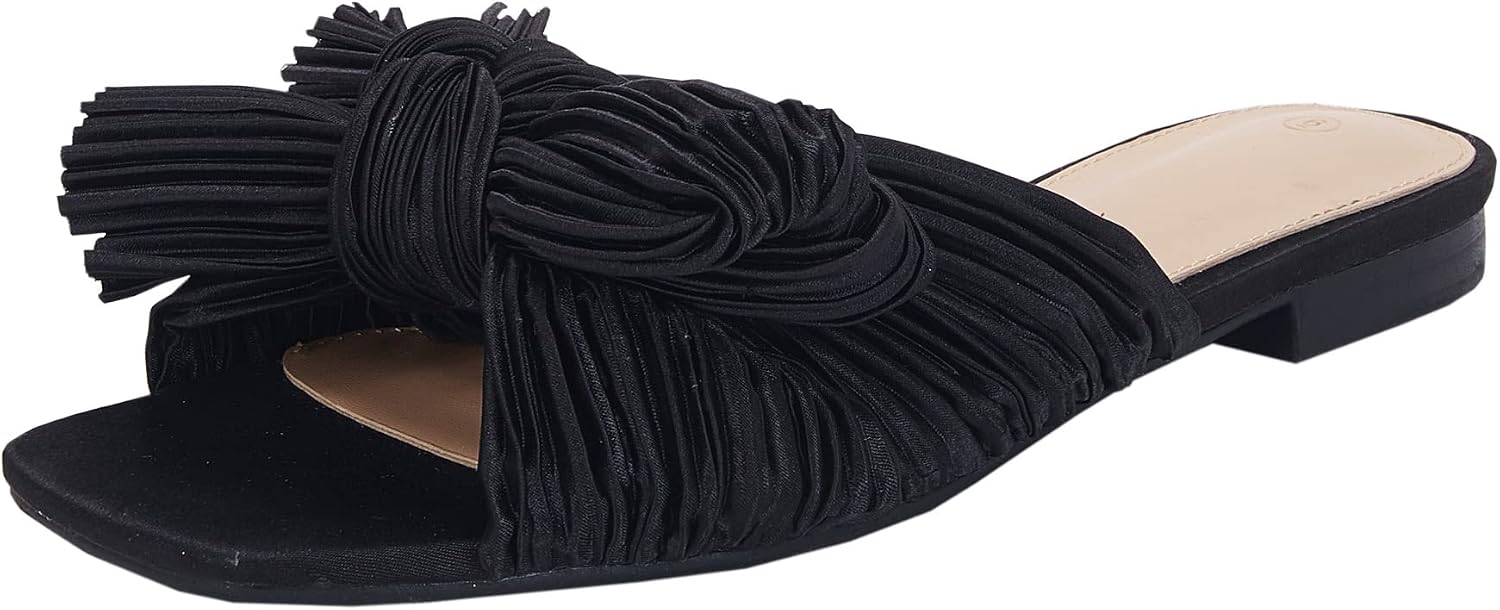 VETASTE Women's Pleated Bow Flat Sandals Open Square Toe Slip on Slide Sandals