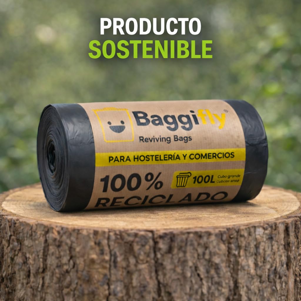 Baggifly, Bolsas de Basura 100L, 120 Bolsas Súper Resistentes, 100% Recicladas, ECO Friendly, Hostelería, Comercios y Jardinería, Pack 12 x 10, Fabricado en España