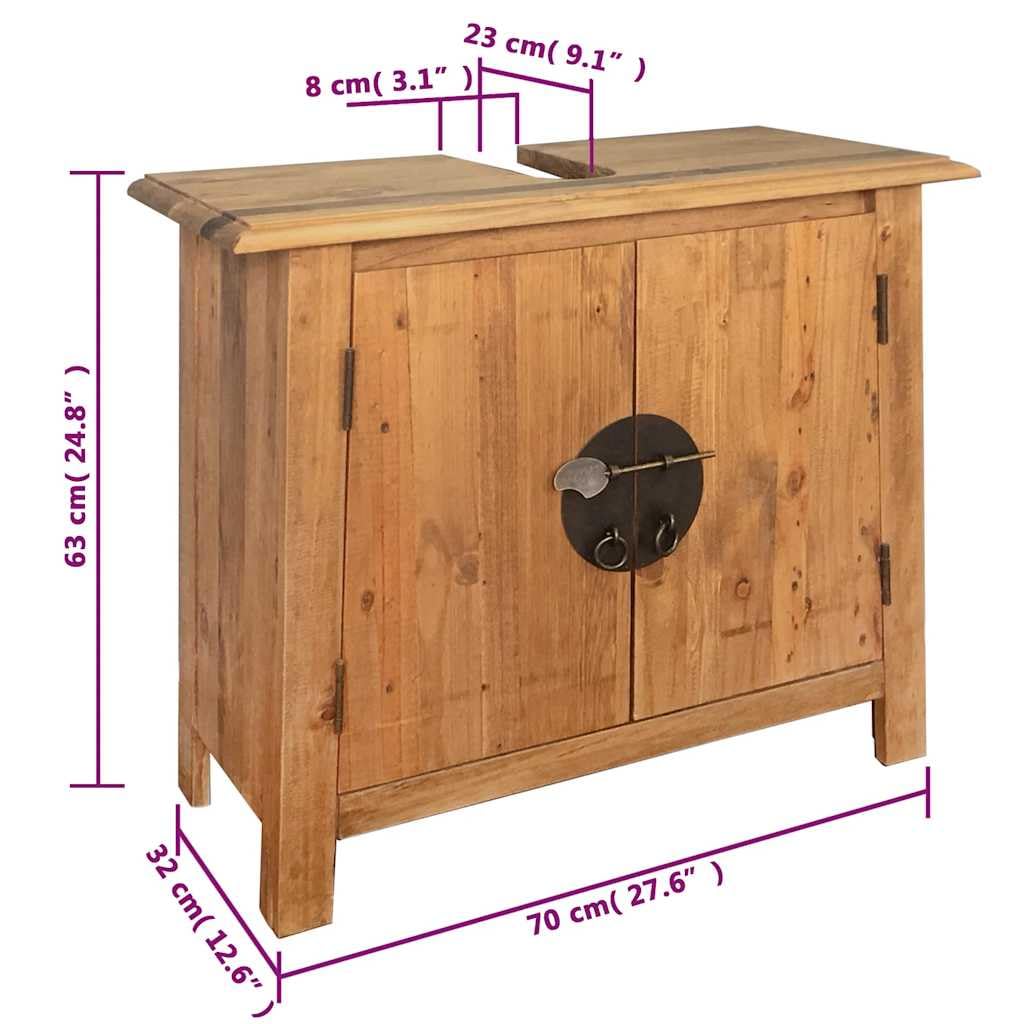 Mobile Sottolavabo in Legno Massello di Pino, 70x32x63 cm | Mobiletto copritubi in stile rustico retrò con ampio vano interno per organizzare lo spazio del bagno.