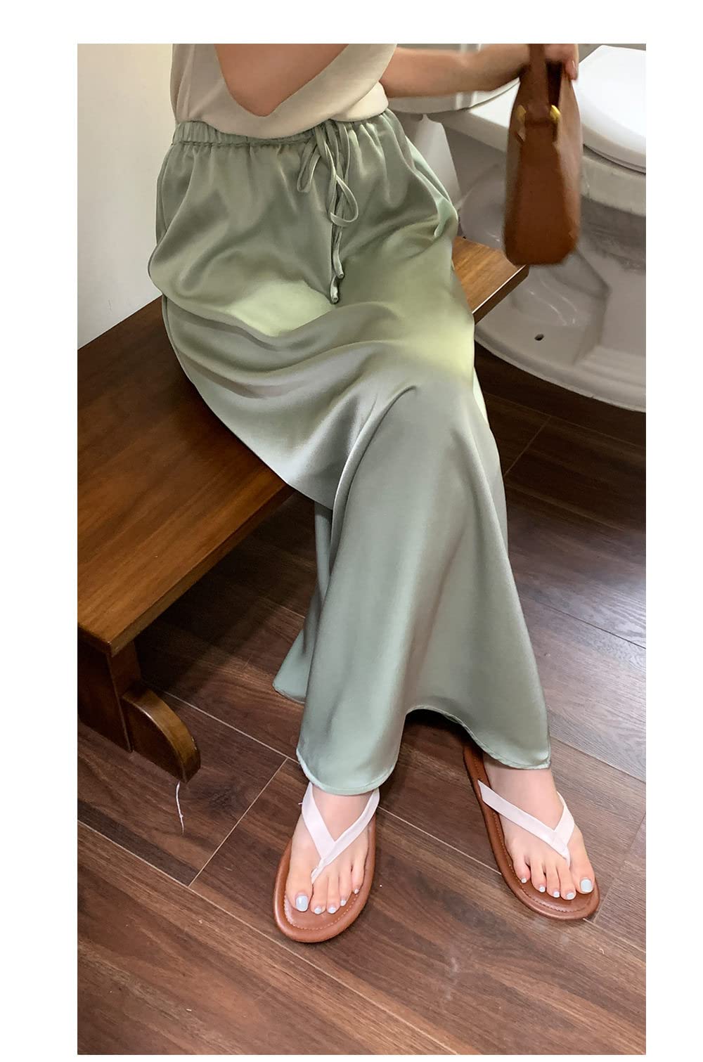 OZEO Röcke Damen,Satin Maxiröcke Für Frauen Salbeigrün Hohe Taille Kordelzug Faltenrock Mit Reißverschluss Sommer A-Linie Swing Geraffte Elegante Lange Röcke Für Mädchen Damen,M