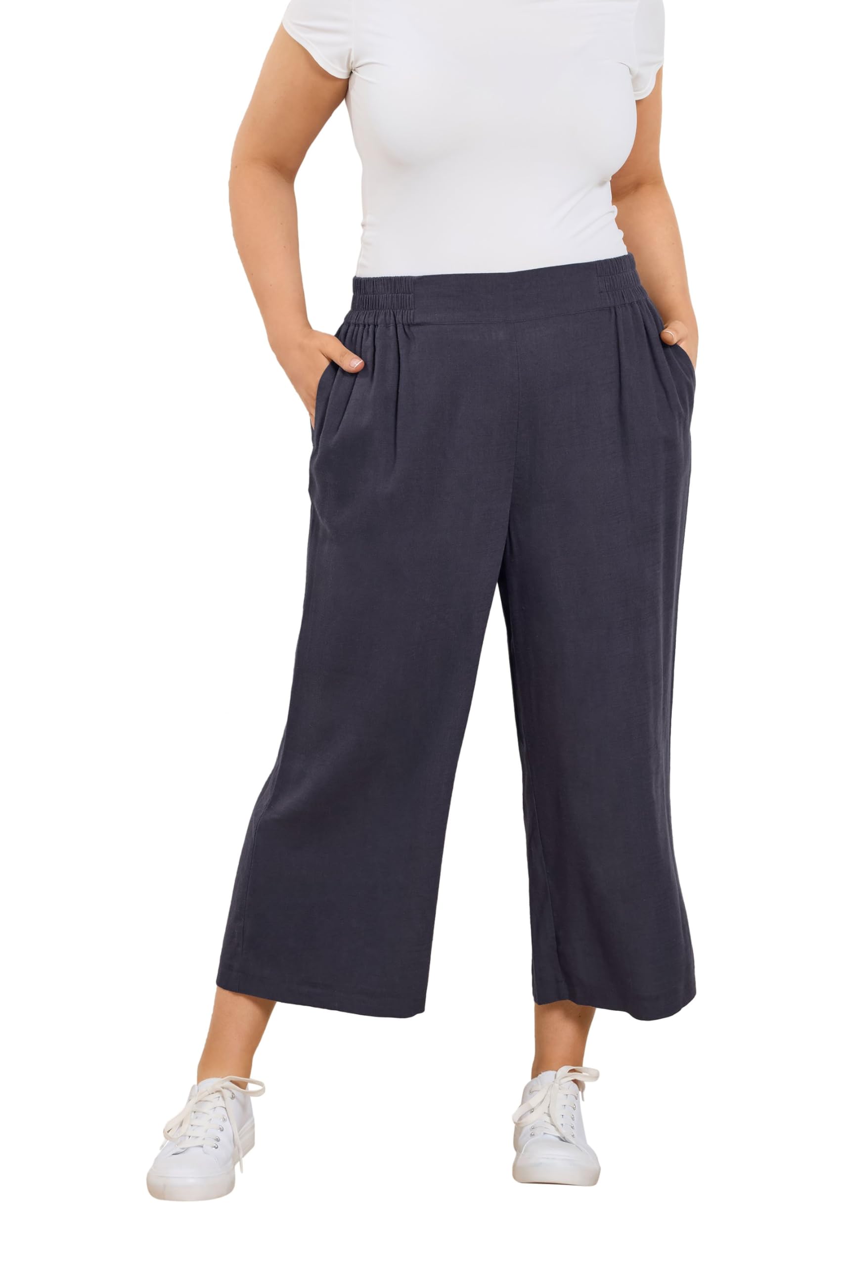 Yours Women's Navy Curve Blue Linen Cropped Wide Leg Trousers - Plus Size Curve