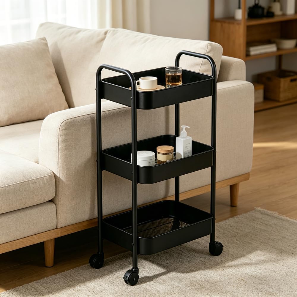 Black 3-Tier Rolling Cart with Wheels, Multifunction Utility Storage Carts, Kitchen Storage Organizer, Mobile Shelving Unit for Bathroom, Laundry — view 2