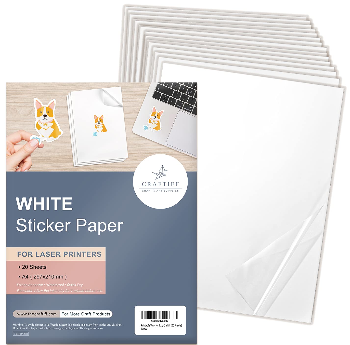 Printable Vinyl for Laser Printer White Glossy Sticker Paper Waterproof - 20 Sheets by Craftiff (20 Sheets)