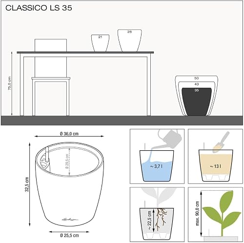 Lechuza Self Watering Plant Pot CLASSICO 35 LS Garden Flower Indoor and Outdoor Plastic Planter with Drainage Hole D35 H33 cm White High-Gloss - 7