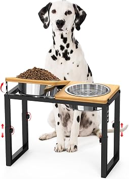 Dog Bowls Elevated, 4 Height 9.6" to15 & Angle 0-20 Adjustable Raised Dog Bowl Stand, Elevated Dogs Bowl for Medium to Large Sized, Bamboo Feeding Station with 2X 10cups Stainless Steel Dishes