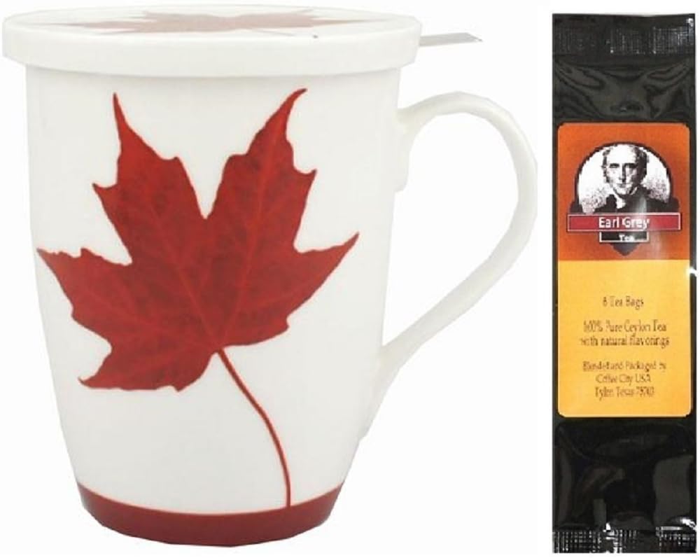 Memories of Canada Tea Mug, Infuser with Lid in Matching Box Bundle with 1 Package of 6 Tea Bags
