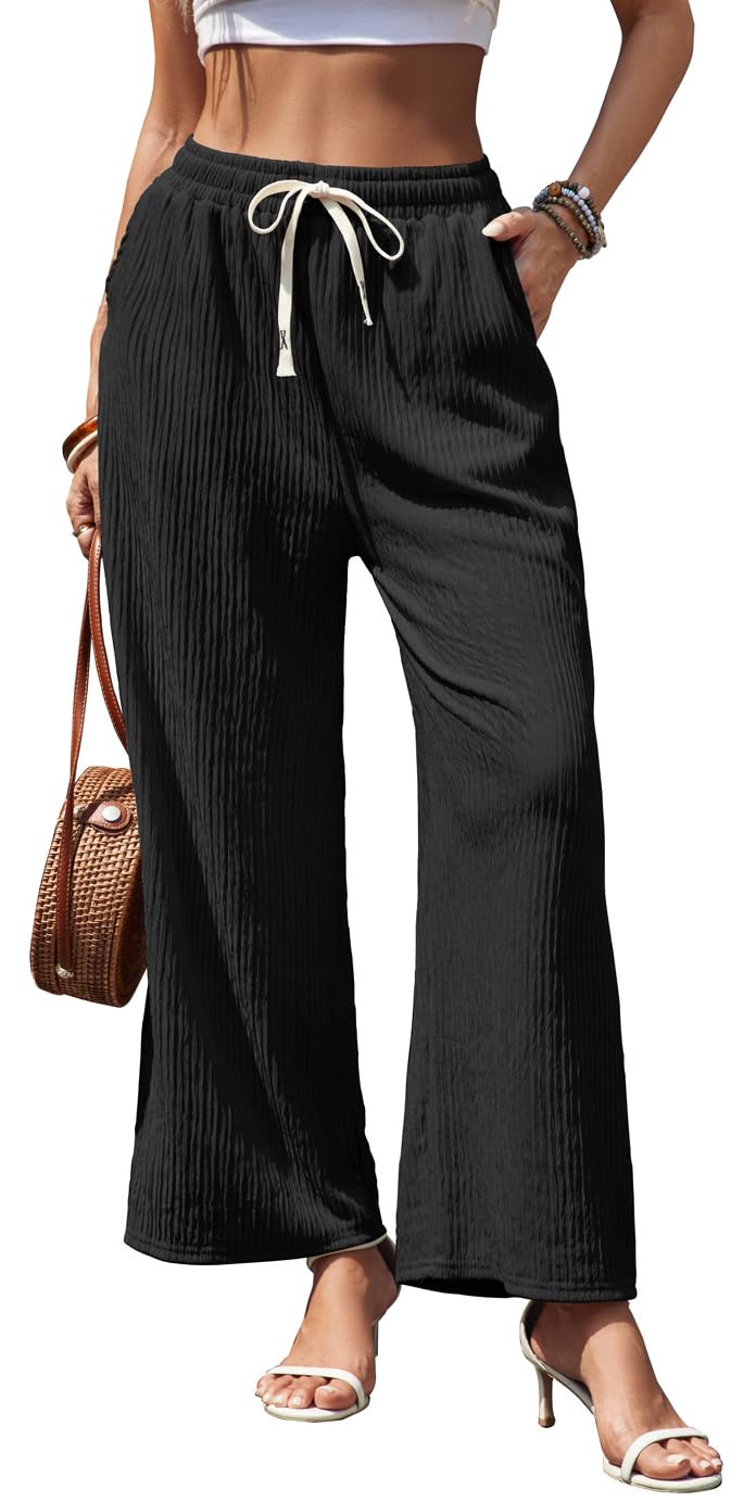 Womens Wide Leg Elastic Waisted Pants Palazzo Trousers Adjustable Drawstring Casual Long Pleated Pants with Pockets