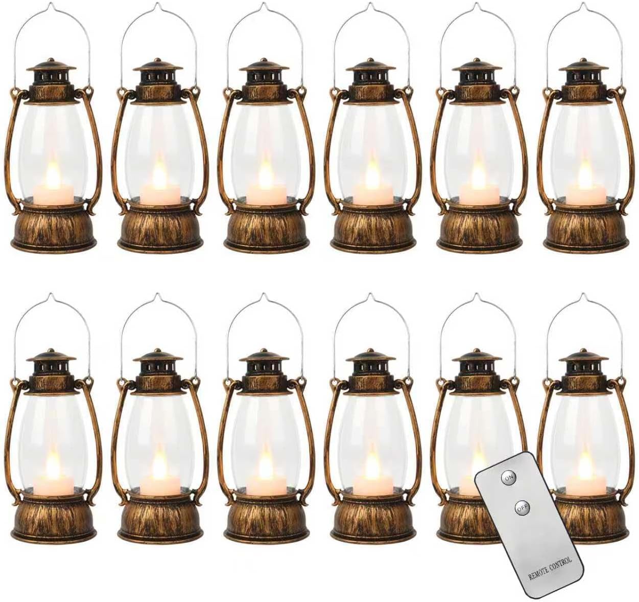 12PCS Black Mini Lanterns with Remote Control, 5.1" H/13cm (6.7" H with Handle) Vintage LED Lantern Decorative - Christmas Table Centerpieces, Western Party Decorations & Camping Party Decor