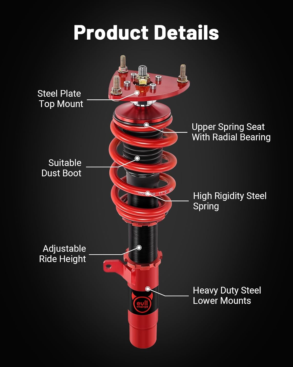 EVIL ENERGY Coilovers Compatible for Mazda 3 BK 2004-2009, BL 2009-2013, Hatchback & Sedan, Red, Height Adjustable Twin-Tube Coilover Suspension Kit