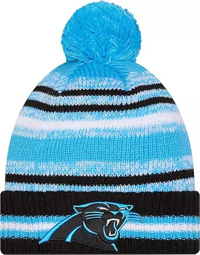 New Era Carolina Panthers Sideline Sport Black Striped Cuffed Football Knit Beanie Hat Pom - NFL Cheer Cuff Knit Cap