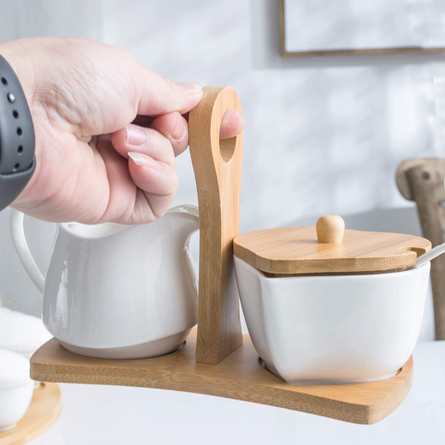 Set Zuccheriera E Lattiera con Coperchio E Cucchiaio Brocca in Ceramica per Crema E Zuccheriera con Manico in Legno Servizio da caffè.