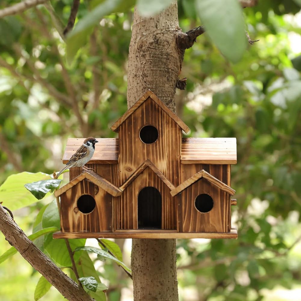 Yuemsh Hanging Bird House - 6 Hole Wooden Bird House for Outside Courtyard & Backyard Decorations, brown - Image 4