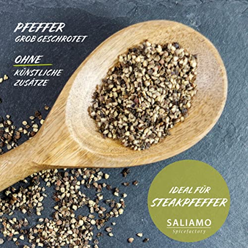 250g Schwarzer Pfeffer grob geschrotet; Pfeffer für Steakpfeffer, gegrilltes Gemüse, Marinaden; Pfeffer gehackt ohne Zusätze, Allround-Gewürz, Gewürz Grundausstattung; im praktischen Doypack | Saliamo