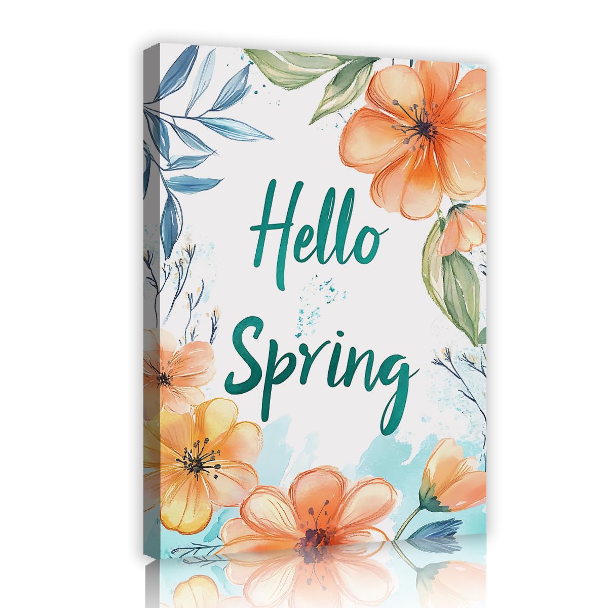 Via Vela Hello Spring Wall Art Canvas Print Watercolor Orange Flower Painting Botanical Leaf Poster Seasonal Typography Picture for Entryway Cafe Porch Decor 80x120cm