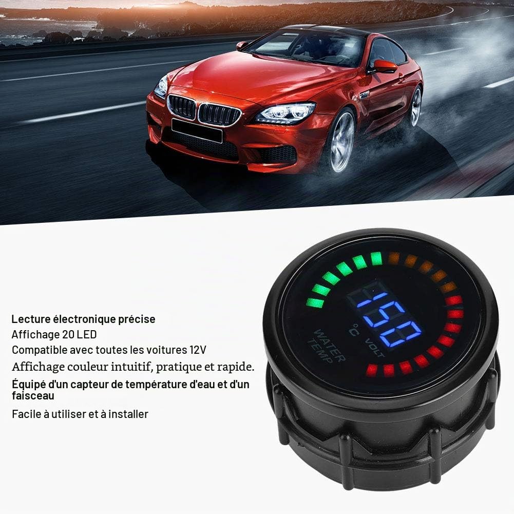 Terisass Jauge De Température Numérique LED Jauge De Température Du Liquide De Refroidissement De L'eau Avec Capteur 52mm 20-150 °C Pour 12V Auto