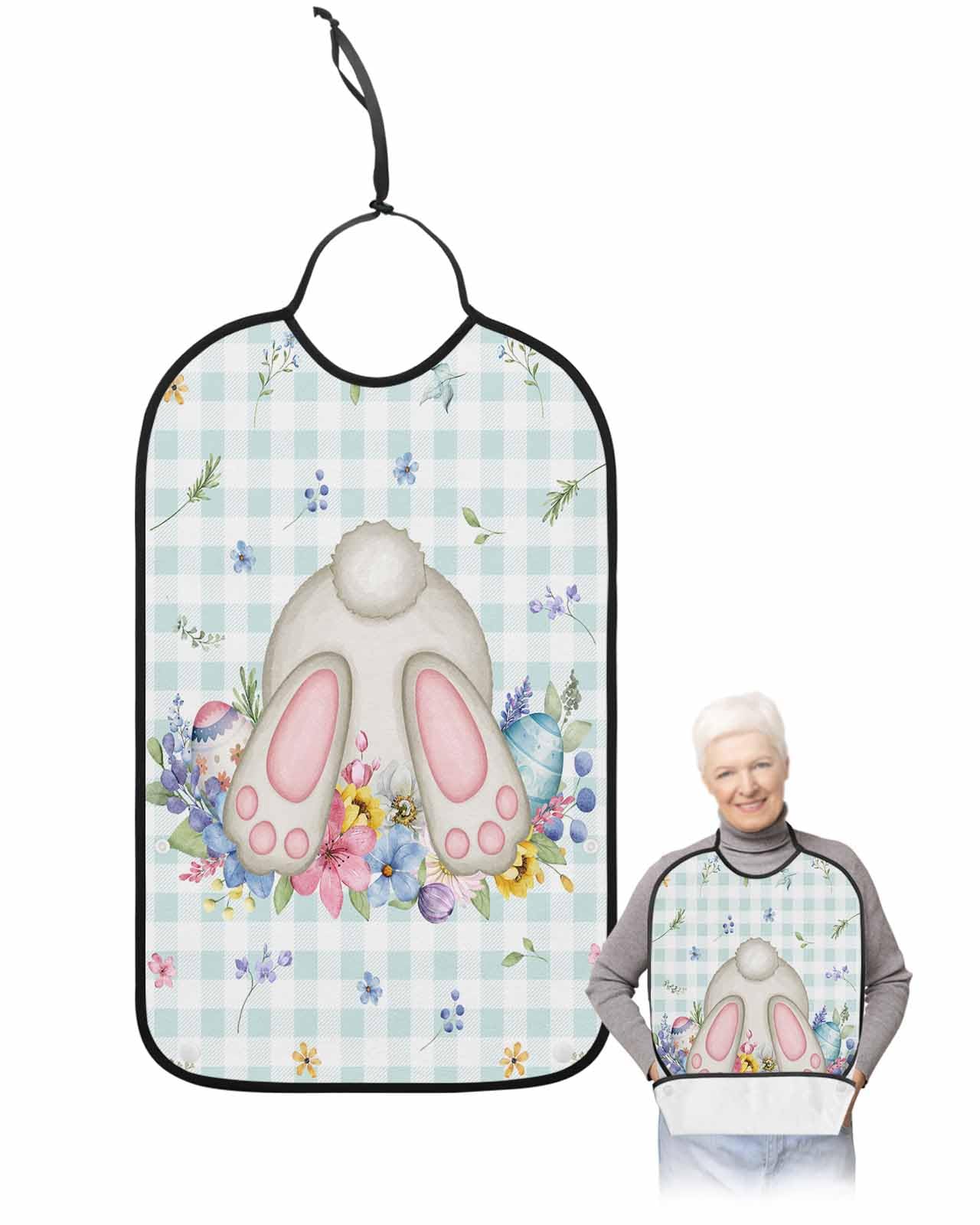 LEOKOTI Teal Plaid Bunny Tail Easter Adult Bibs for Eating, Waterproof Bibs with Food Catcher & Adjustable Snap Closure, Spring Floral Botanical Washable Clothing Protectors Adult Bibs for Elderly