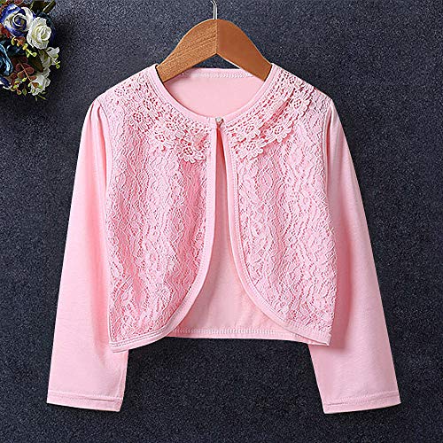 Image of Girls Long Sleeve Bolero Cardigan Shrug Beaded Lace Cotton Flower Jacket Shrug Short Cardigan Dress Cover Up (Pink, 4 /5)