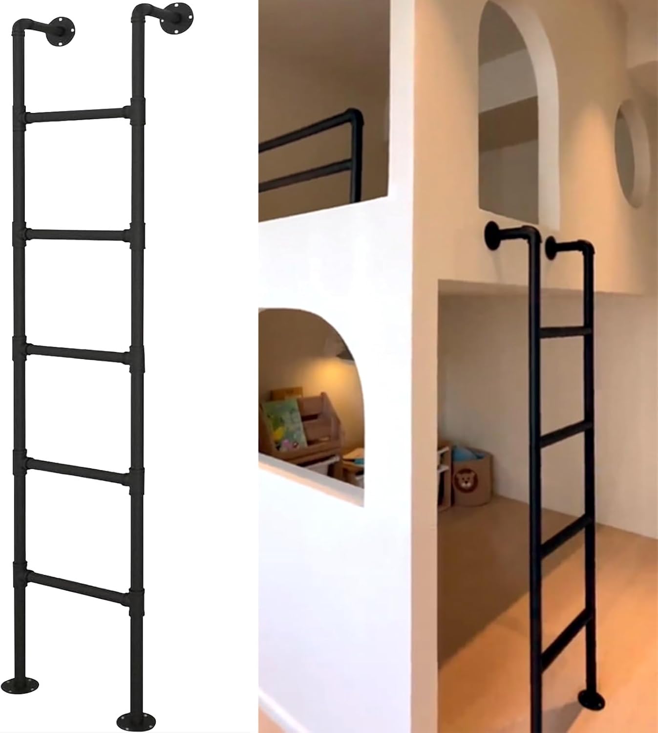 Metal Iron Loft Bed Ladder Wall Mounted, Heavy Duty RV Bunk Bed Ladder Emergency Egress Ladder Multi-Purpose Straight Ladders for Basement Window Well, Black(170cm/67in)