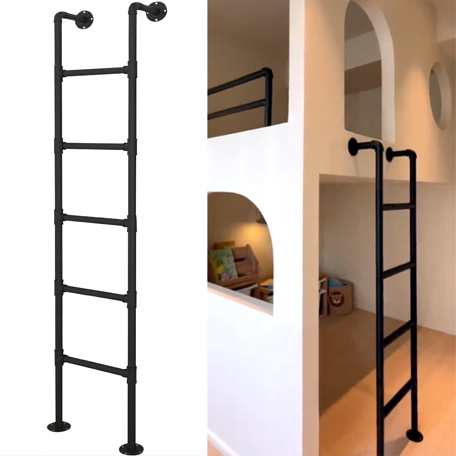 Escalera de metal resistente de 185 cm para litera y pared en color negro