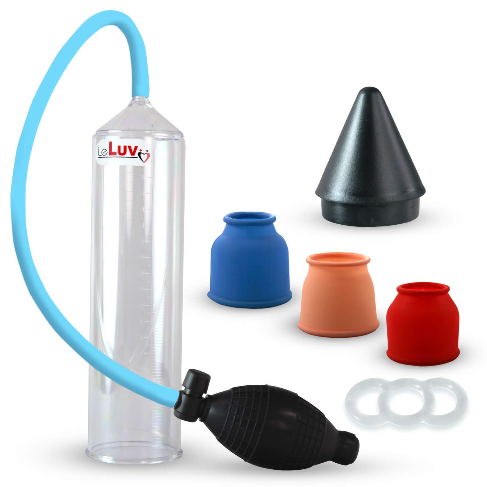 LeLuvEasyop 2.25 Inch by 9 Inch Clear Cylinder Penis Pump Black Bgrip Handle and Uncollapsable Silicone Hose | 3 Sizes of Sleeve 1 Inch to 1.5 Inch, Number 6 (.75 Inch) Ring and Easy Loader Cone