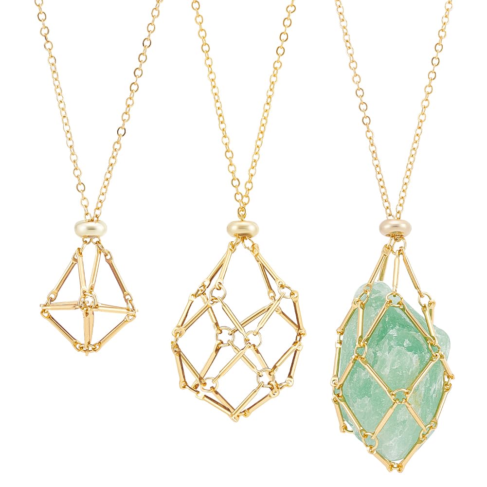 UNICRAFTALE 3 Sizes 3Pcs 18K Gold Plated Adjustable Crystal Necklace Holder Empty Stone Holder Nets Necklace Pendant with Empty Crystal Cage Brass Macrame Pouch for Pendant Necklaces Making