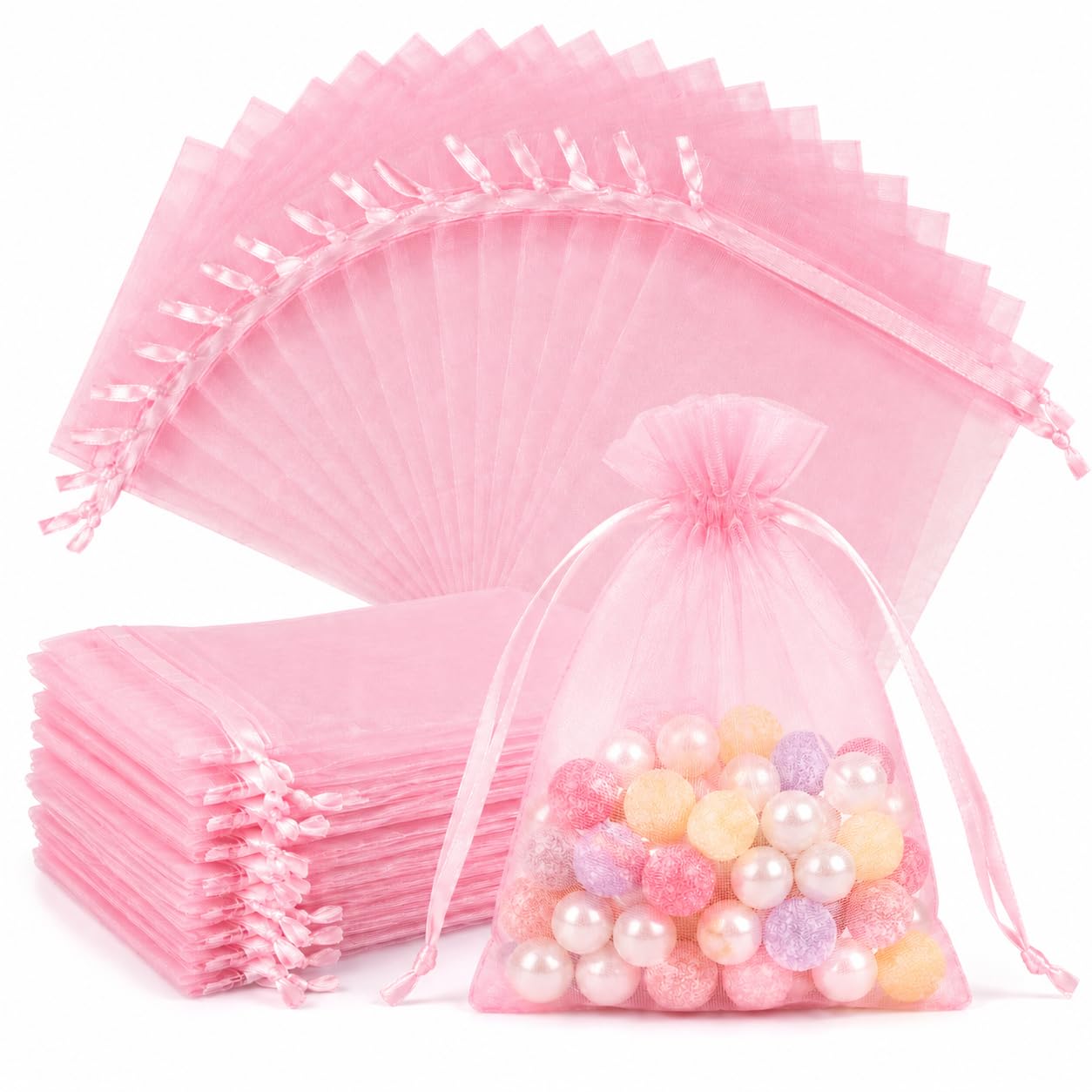 Hopttreely Pink Organza Bags 4x6 Inch, 50PCS Premium 23X30 Density Mesh Drawstring Gift Bags for Women Jewelry Candy Sachet Goodie Graduation Birthday Wedding Baby Shower Party Favors