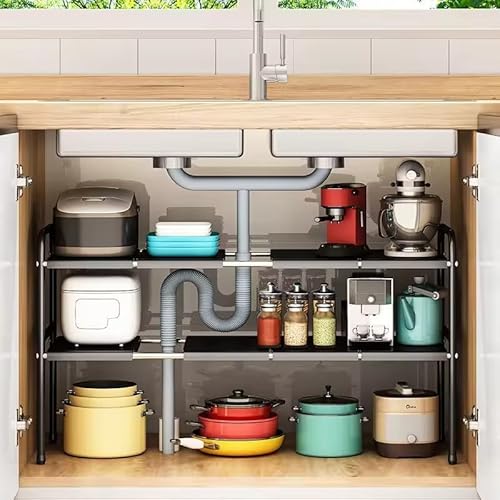 HOOBRO Under Sink Organizers,Expandable Cabinet Shelf Organizer 2 Tier Under Storage Rack with Removable Panels,Plastic Storage Organizer Adjustable Kitchen Rack Holder Pack of 1 Black