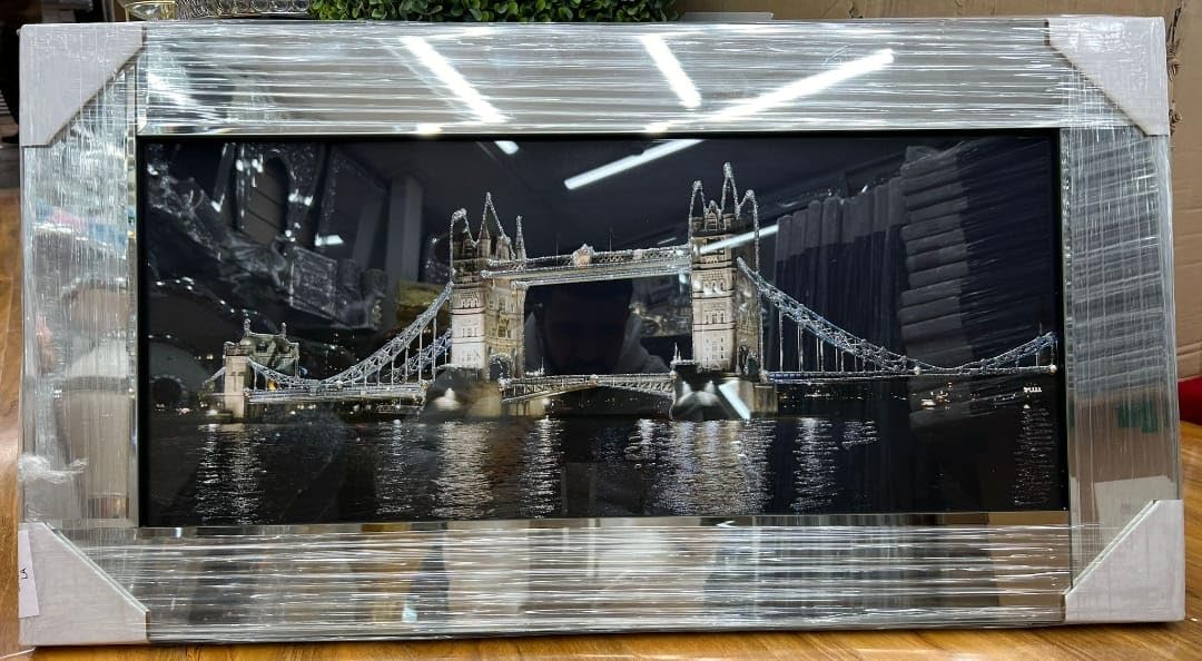 Biznest LONDON BRIDGE AT NIGHT Picture Liquid 3D Wall Decor Glitter Wall Art Mirrored Frame Home Decoration Bedroom Living Room 85x45cm B-CY005