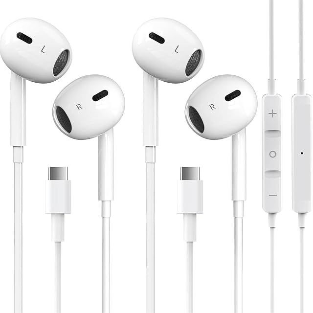 2 Packs USB C Headphones for iPhone 17 16 15 Pro Max Plus Type C Earphones with Microphone